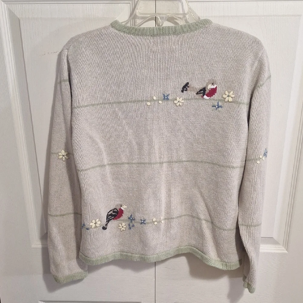 Christopher & Banks Embroidered Winter Bird Cardigan - Tan Sage Green Trim-L - Picture 3 of 6
